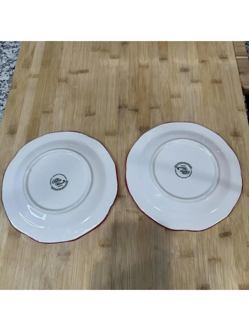Pioneer Woman Salad Lunch Plates 2 Two Happiness Scallop Teal Dot Red Trim 8.5